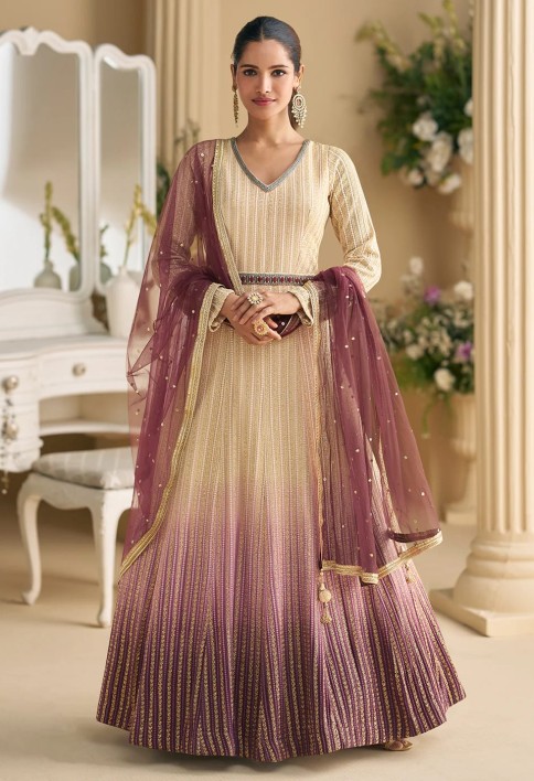 Cream Chikankari Embroidered Wedding Festive Anarkali Gown